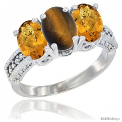 10K White Gold Natural Tiger Eye & Whisky Quartz Sides Ring 3-Stone Oval 7x5 mm Diamond Accent