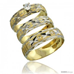 10k Gold 3-Piece Trio Diamond Wedding Ring Set Him & Her 0.10 ct Rhodium Accent Diamond-cut Pattern -Style 10y506w3