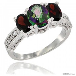 14k White Gold Ladies Oval Natural Mystic Topaz 3-Stone Ring with Garnet Sides Diamond Accent