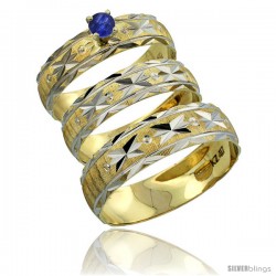 10k Gold 3-Piece Trio Blue Sapphire Wedding Ring Set Him & Her 0.10 ct Rhodium Accent Diamond-cut Pattern -Style 10y506w3