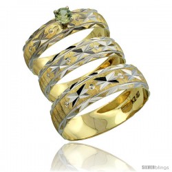 10k Gold 3-Piece Trio Green Sapphire Wedding Ring Set Him & Her 0.10 ct Rhodium Accent Diamond-cut Pattern -Style 10y506w3