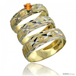 10k Gold 3-Piece Trio Orange Sapphire Wedding Ring Set Him & Her 0.10 ct Rhodium Accent Diamond-cut Pattern -Style 10y506w3