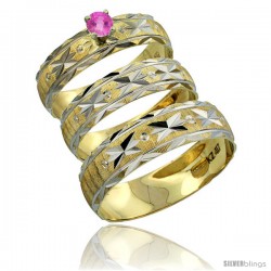 10k Gold 3-Piece Trio Pink Sapphire Wedding Ring Set Him & Her 0.10 ct Rhodium Accent Diamond-cut Pattern -Style 10y506w3