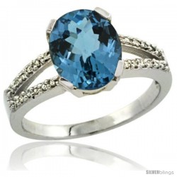 Sterling Silver Diamond Halo Natural London Blue Topaz Ring 2.4 carat Oval shape 10X8 mm, 3/8 in (10mm) wide