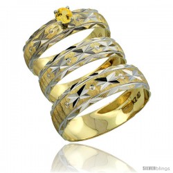 10k Gold 3-Piece Trio Yellow Sapphire Wedding Ring Set Him & Her 0.10 ct Rhodium Accent Diamond-cut Pattern -Style 10y506w3