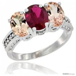 14K White Gold Natural Ruby & Morganite Sides Ring 3-Stone Oval 7x5 mm Diamond Accent