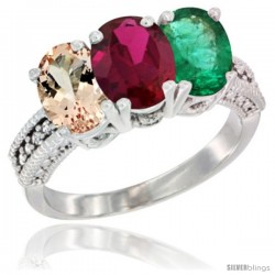 14K White Gold Natural Morganite, Ruby & Emerald Ring 3-Stone Oval 7x5 mm Diamond Accent