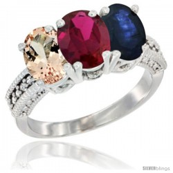 14K White Gold Natural Morganite, Ruby & Blue Sapphire Ring 3-Stone Oval 7x5 mm Diamond Accent