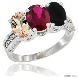 14K White Gold Natural Morganite, Ruby & Black Onyx Ring 3-Stone Oval 7x5 mm Diamond Accent