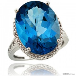 Sterling Silver Diamond Natural London Blue Topaz Ring 13.56 Carat Oval Shape 18x13 mm, 3/4 in (20mm) wide