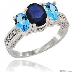 14k White Gold Ladies Oval Natural Blue Sapphire 3-Stone Ring with Swiss Blue Topaz Sides Diamond Accent