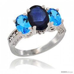 14K White Gold Ladies 3-Stone Oval Natural Blue Sapphire Ring with Swiss Blue Topaz Sides Diamond Accent