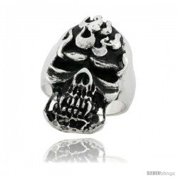 Surgical Steel Biker Skull Ring on Flames 1 1/4 in wide