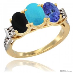 10K Yellow Gold Natural Black Onyx, Turquoise & Tanzanite Ring 3-Stone Oval 7x5 mm Diamond Accent