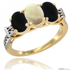 10K Yellow Gold Natural Opal & Black Onyx Sides Ring 3-Stone Oval 7x5 mm Diamond Accent