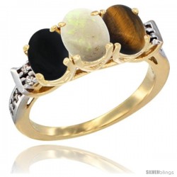 10K Yellow Gold Natural Black Onyx, Opal & Tiger Eye Ring 3-Stone Oval 7x5 mm Diamond Accent