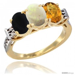 10K Yellow Gold Natural Black Onyx, Opal & Whisky Quartz Ring 3-Stone Oval 7x5 mm Diamond Accent