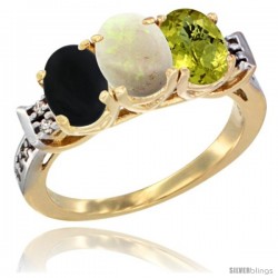 10K Yellow Gold Natural Black Onyx, Opal & Lemon Quartz Ring 3-Stone Oval 7x5 mm Diamond Accent