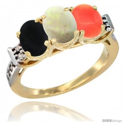 10K Yellow Gold Natural Black Onyx, Opal & Coral Ring 3-Stone Oval 7x5 mm Diamond Accent