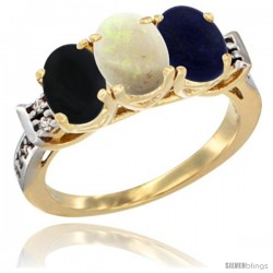 10K Yellow Gold Natural Black Onyx, Opal & Lapis Ring 3-Stone Oval 7x5 mm Diamond Accent