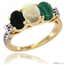 10K Yellow Gold Natural Black Onyx, Opal & Malachite Ring 3-Stone Oval 7x5 mm Diamond Accent