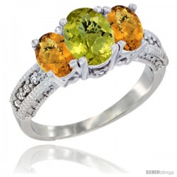 10K White Gold Ladies Oval Natural Lemon Quartz 3-Stone Ring with Whisky Quartz Sides Diamond Accent