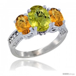 10K White Gold Ladies Natural Lemon Quartz Oval 3 Stone Ring with Whisky Quartz Sides Diamond Accent