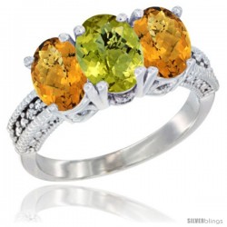 10K White Gold Natural Lemon Quartz & Whisky Quartz Sides Ring 3-Stone Oval 7x5 mm Diamond Accent