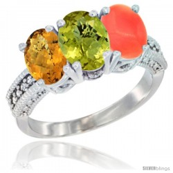 10K White Gold Natural Whisky Quartz, Lemon Quartz & Coral Ring 3-Stone Oval 7x5 mm Diamond Accent