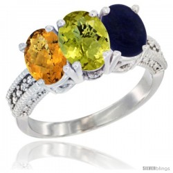 10K White Gold Natural Whisky Quartz, Lemon Quartz & Lapis Ring 3-Stone Oval 7x5 mm Diamond Accent