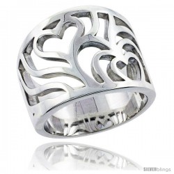 Sterling Silver Cascading Hearts Cigar Band Ring Flawless finish 5/8 in wide