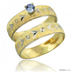 10k Gold Ladies' 2-Piece 0.25 Carat Light Blue Sapphire Engagement Ring Set Diamond-cut Pattern Rhodium Accent, -Style 10y507e2