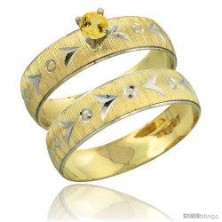 10k Gold Ladies' 2-Piece 0.25 Carat Yellow Sapphire Engagement Ring Set Diamond-cut Pattern Rhodium Accent, -Style 10y507e2