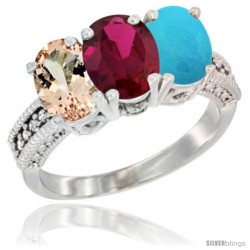 14K White Gold Natural Morganite, Ruby & Turquoise Ring 3-Stone Oval 7x5 mm Diamond Accent