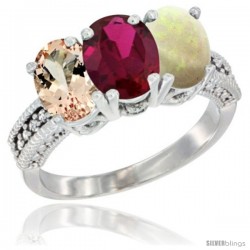 14K White Gold Natural Morganite, Ruby & Opal Ring 3-Stone Oval 7x5 mm Diamond Accent