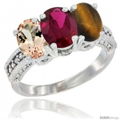 14K White Gold Natural Morganite, Ruby & Tiger Eye Ring 3-Stone Oval 7x5 mm Diamond Accent