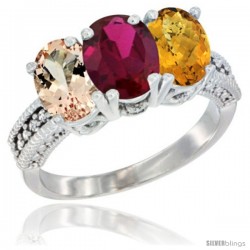 14K White Gold Natural Morganite, Ruby & Whisky Quartz Ring 3-Stone Oval 7x5 mm Diamond Accent