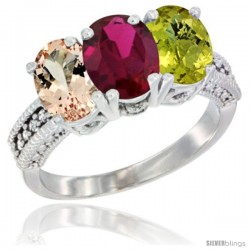 14K White Gold Natural Morganite, Ruby & Lemon Quartz Ring 3-Stone Oval 7x5 mm Diamond Accent