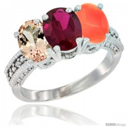 14K White Gold Natural Morganite, Ruby & Coral Ring 3-Stone Oval 7x5 mm Diamond Accent