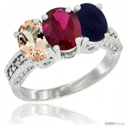 14K White Gold Natural Morganite, Ruby & Lapis Ring 3-Stone Oval 7x5 mm Diamond Accent