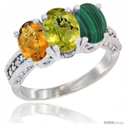 10K White Gold Natural Whisky Quartz, Lemon Quartz & Malachite Ring 3-Stone Oval 7x5 mm Diamond Accent