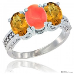 10K White Gold Natural Coral & Whisky Quartz Sides Ring 3-Stone Oval 7x5 mm Diamond Accent