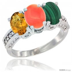 10K White Gold Natural Whisky Quartz, Coral & Malachite Ring 3-Stone Oval 7x5 mm Diamond Accent