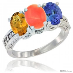 10K White Gold Natural Whisky Quartz, Coral & Tanzanite Ring 3-Stone Oval 7x5 mm Diamond Accent