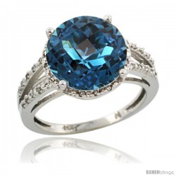 Sterling Silver Diamond Natural London Blue Topaz Ring 5.25 ct Round Shape 11 mm, 1/2 in wide