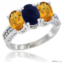 10K White Gold Natural Lapis & Whisky Quartz Sides Ring 3-Stone Oval 7x5 mm Diamond Accent