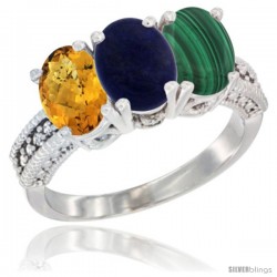 10K White Gold Natural Whisky Quartz, Lapis & Malachite Ring 3-Stone Oval 7x5 mm Diamond Accent