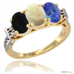 10K Yellow Gold Natural Black Onyx, Opal & Tanzanite Ring 3-Stone Oval 7x5 mm Diamond Accent