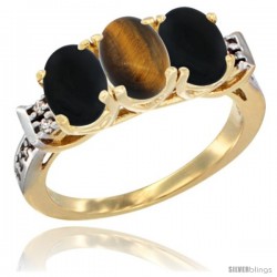 10K Yellow Gold Natural Tiger Eye & Black Onyx Sides Ring 3-Stone Oval 7x5 mm Diamond Accent