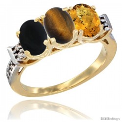 10K Yellow Gold Natural Black Onyx, Tiger Eye & Whisky Quartz Ring 3-Stone Oval 7x5 mm Diamond Accent